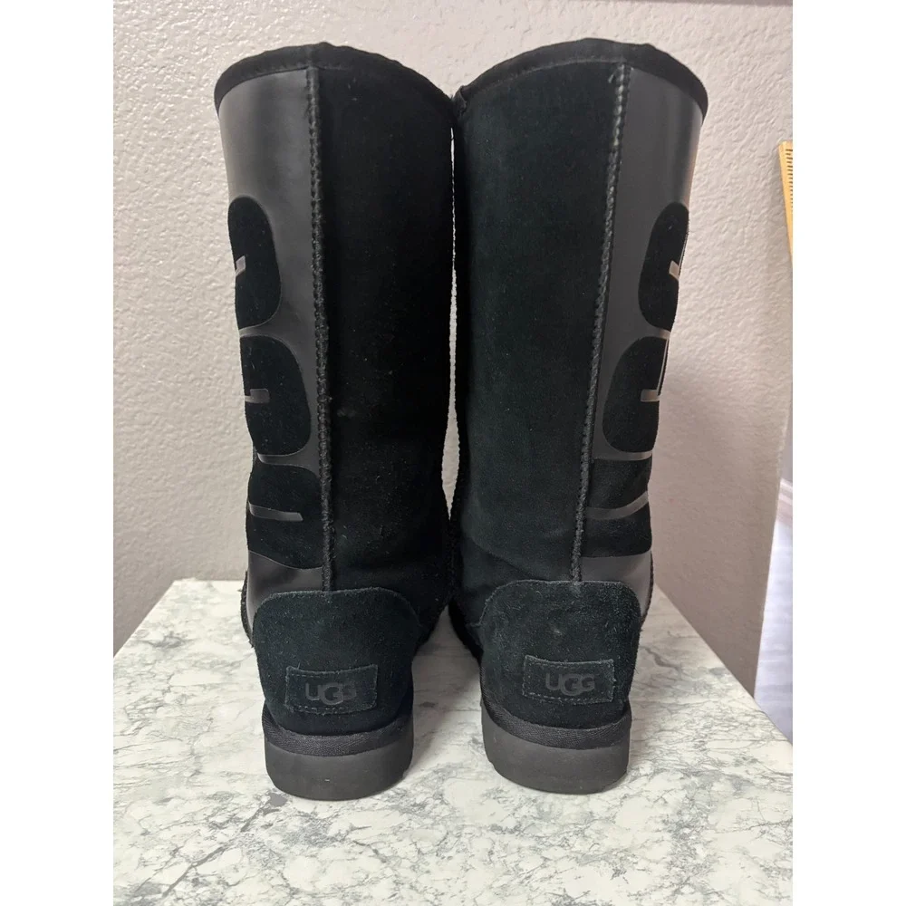UGG Womens 7 Classic Tall Boots Black Suede Rubber Logo 1096471 Winter Boot
